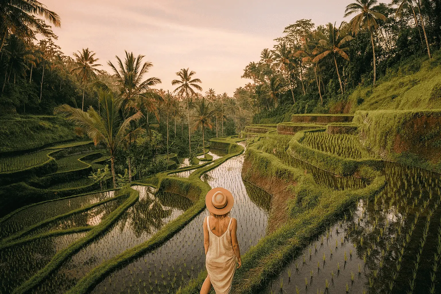 Sacred Balinese rice fields at golden hour